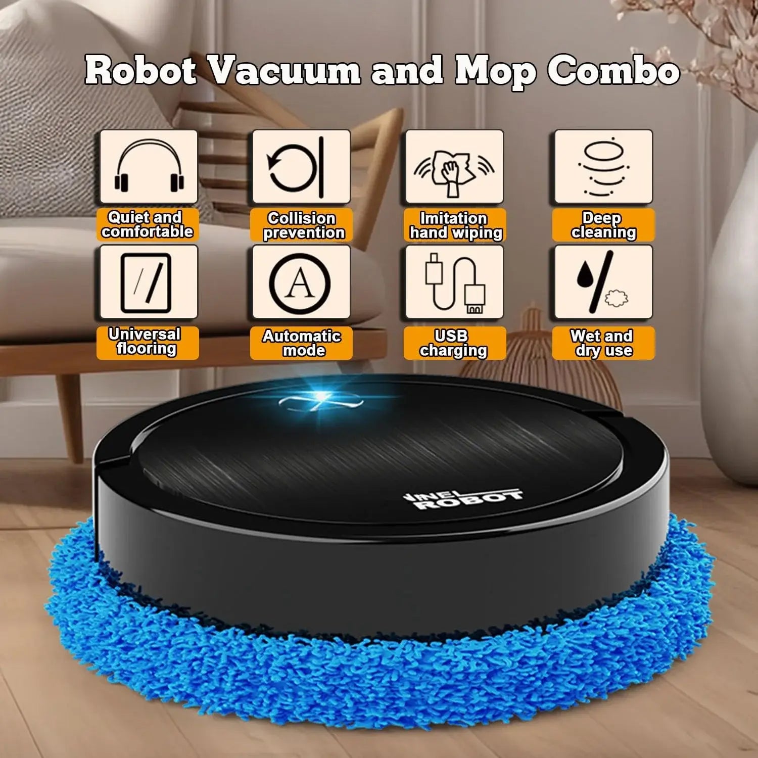 Robot vacuum and mop combo on a wooden floor with features listed above.