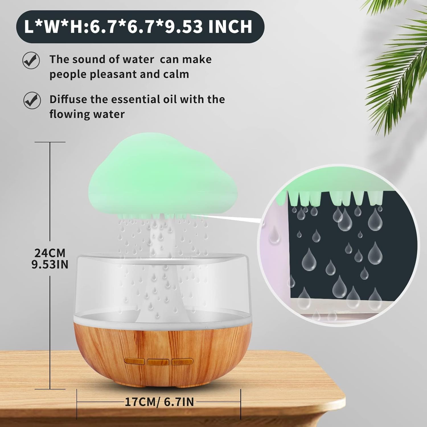 Wooden diffuser with green light on a wooden surface, showing dimensions and features.