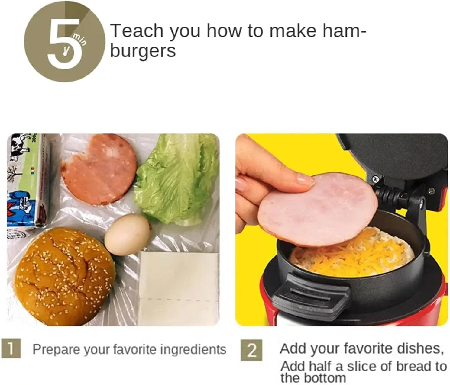Instructions on how to make hamburgers with ingredients and a hamburger maker.