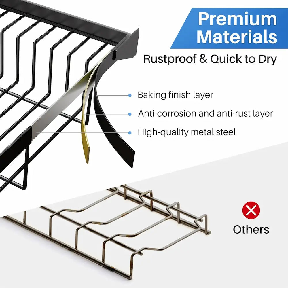 Metal baking rack with text highlighting rustproof and quick-to-dry properties, featuring premium materials.