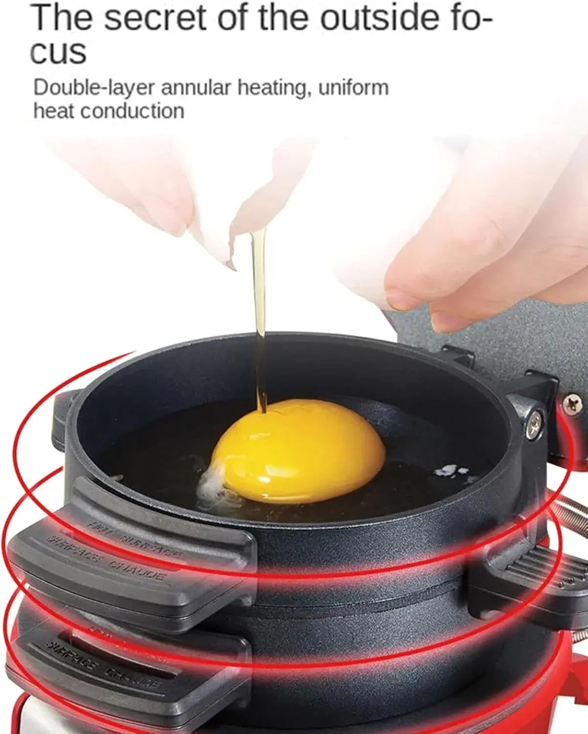 Egg being cooked in a frying pan with text about double-layer annular heating.