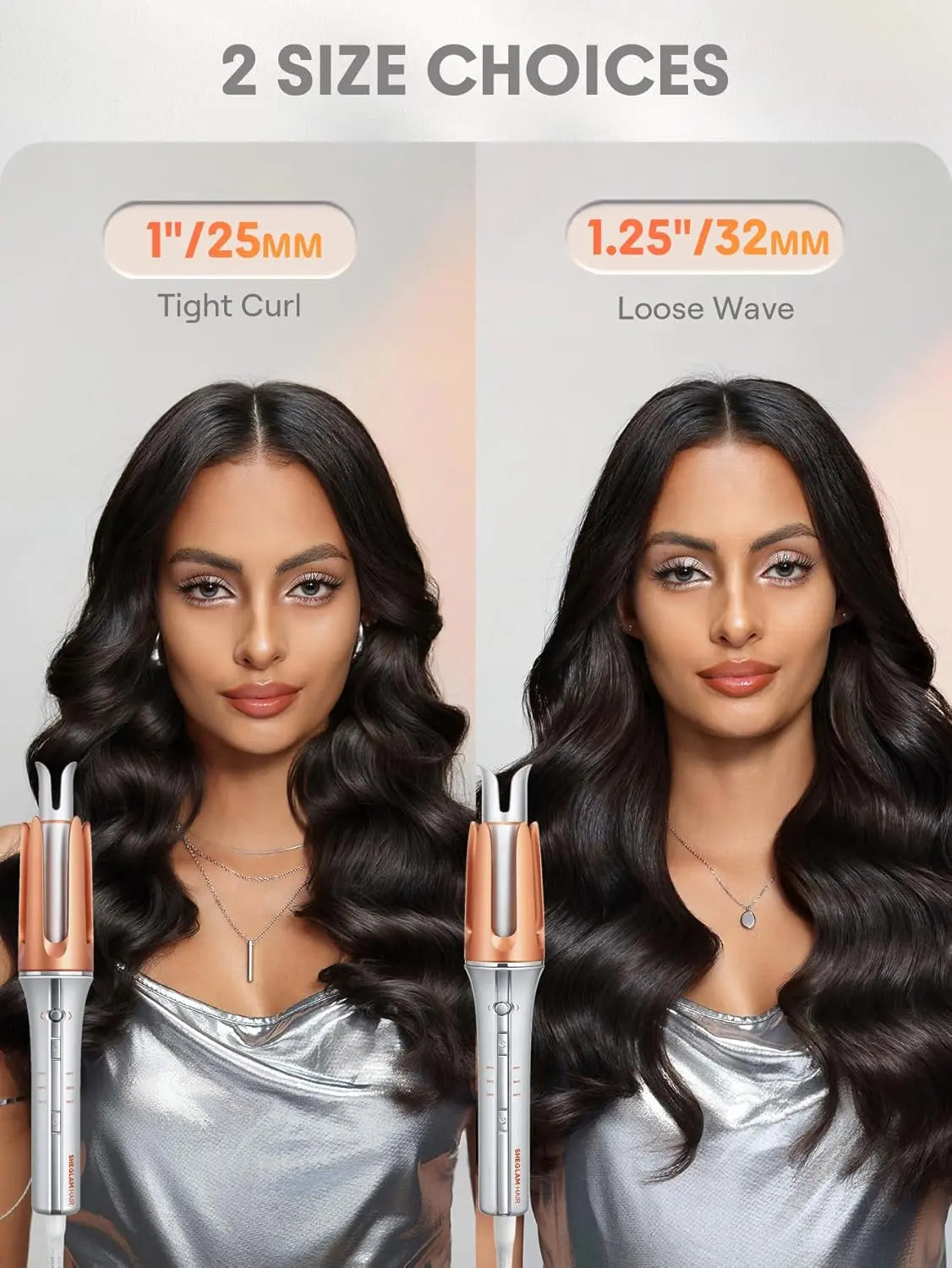 Two models with different hair curler settings showing tight curl and loose wave on a neutral background.