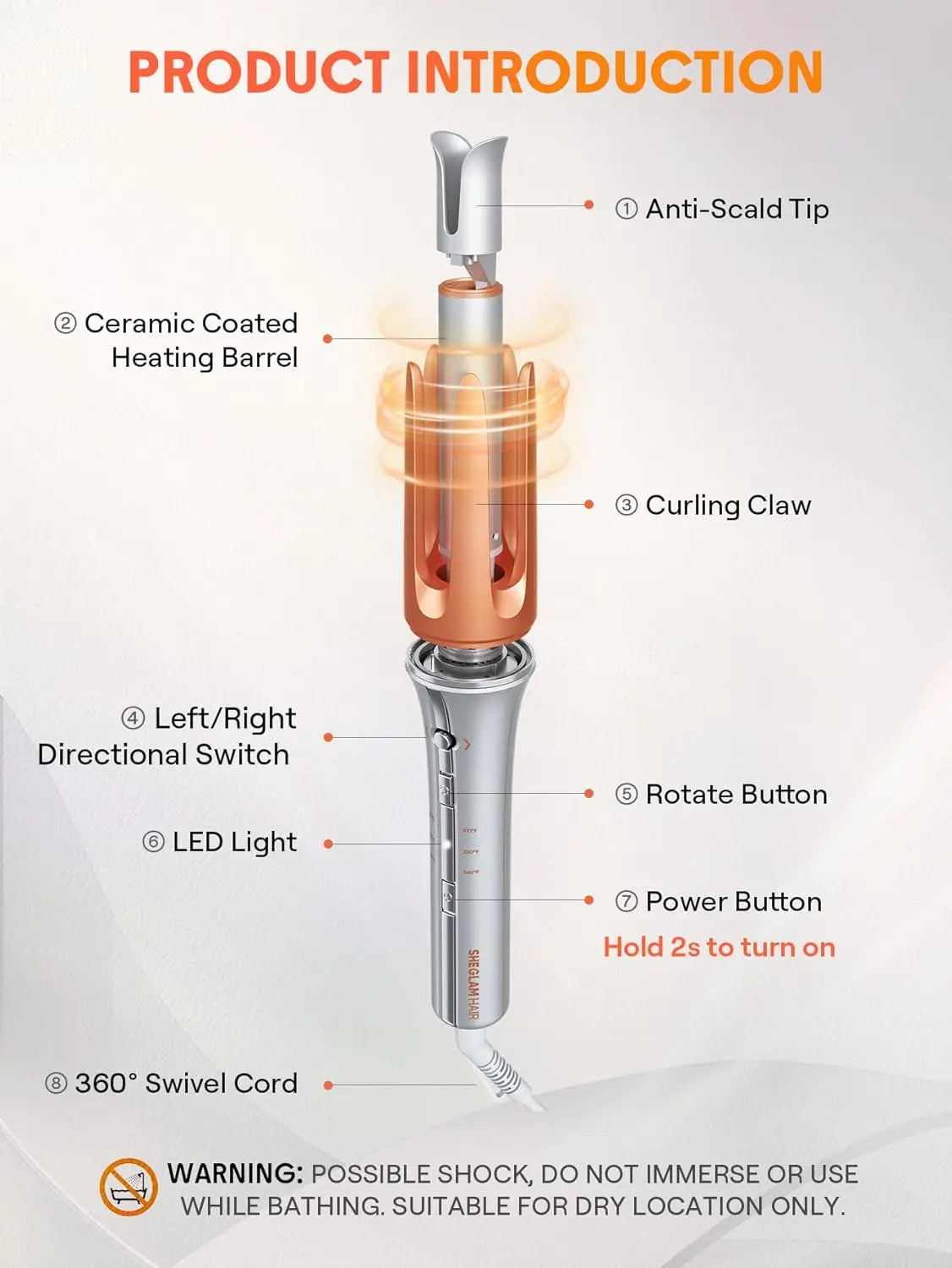Hair styling tool with labeled parts on a white background
