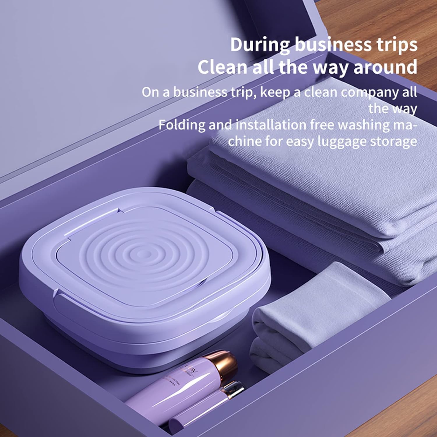 Purple folding washing machine in a suitcase with text about business trips and luggage storage.