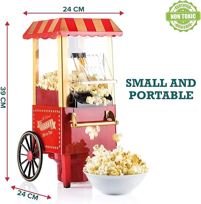 Red and gold popcorn machine with a bowl of popcorn, showing dimensions and a 'Non Toxic' certification label.