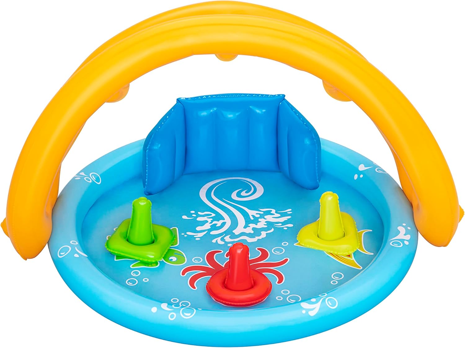 Children's inflatable pool with arch and water toys on a white background