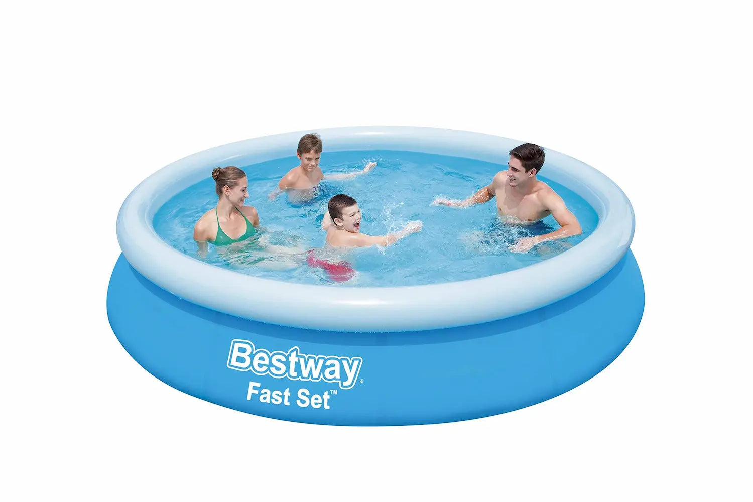 Inflatable pool with 'Bestway Fast Set' branding, children playing inside on a white background