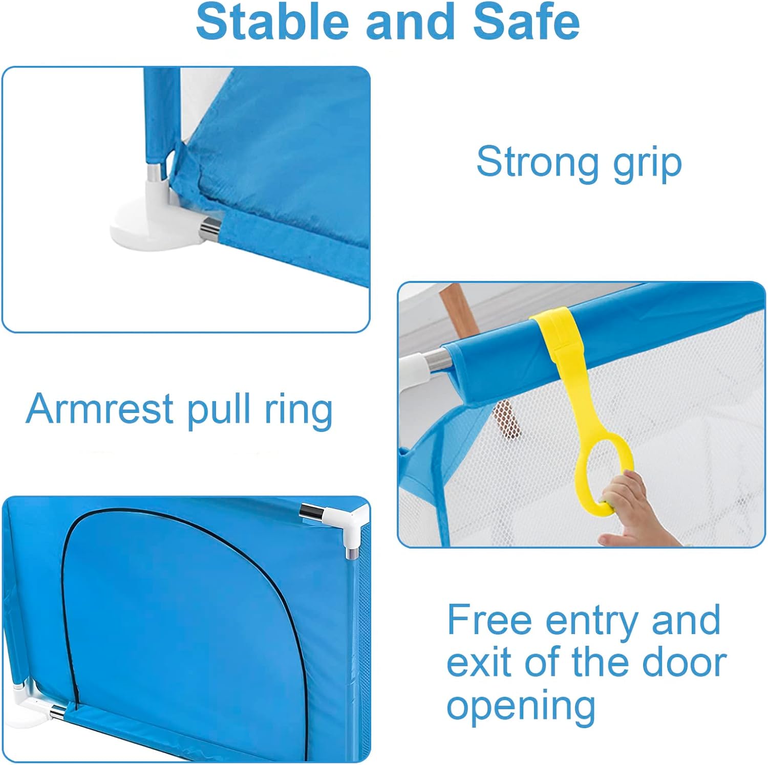 Blue baby gate with features highlighted on a white background