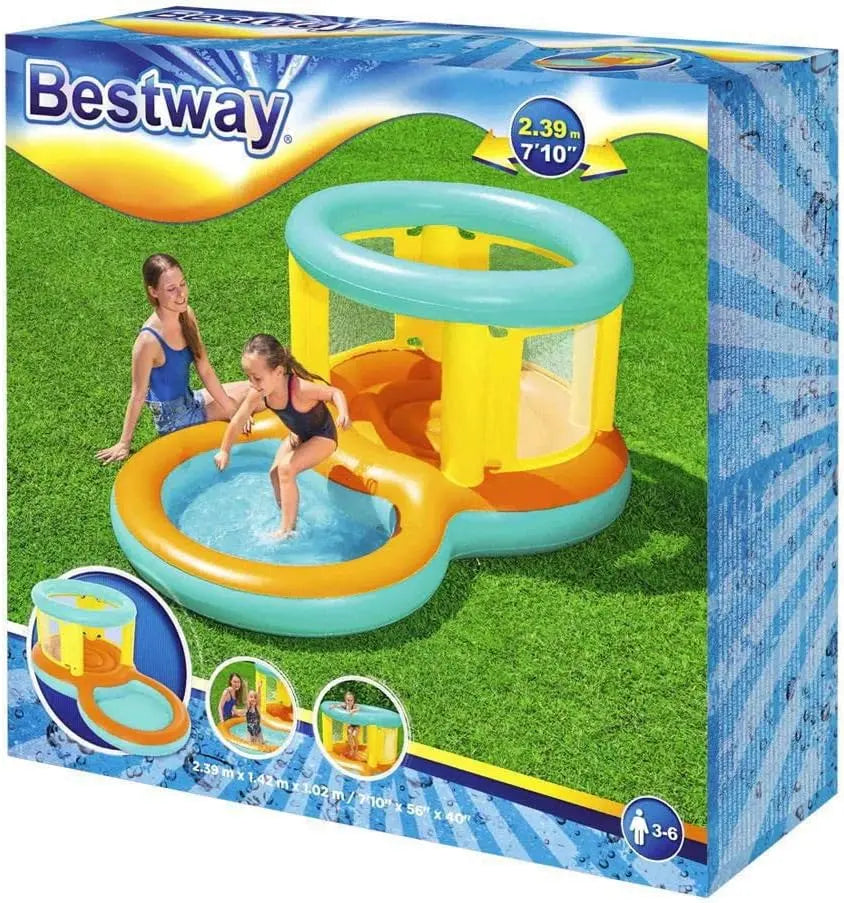 Inflatable play center with children on a grassy background, featuring Bestway branding.