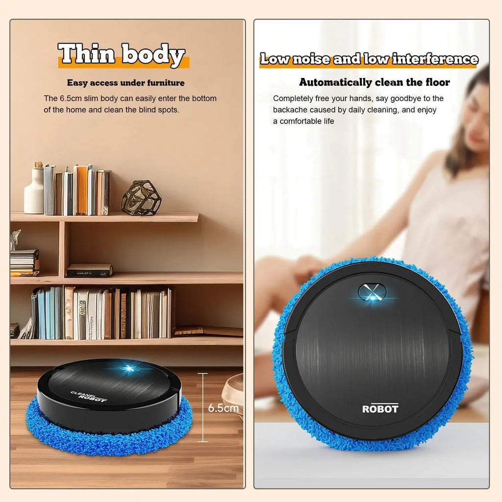 Robotic cleaning device with text highlighting thin body and low noise features, shown in a home setting.