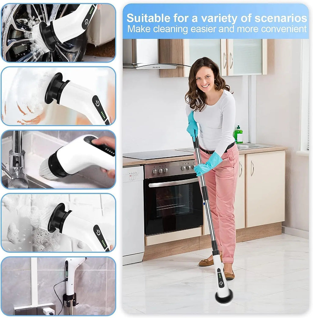 Woman using a cleaning tool in a kitchen with various cleaning scenarios depicted.