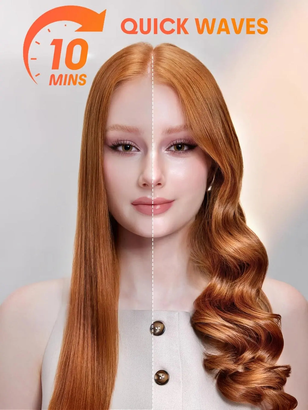 Woman with straight and wavy red hair, showing a transformation effect in 10 minutes.
