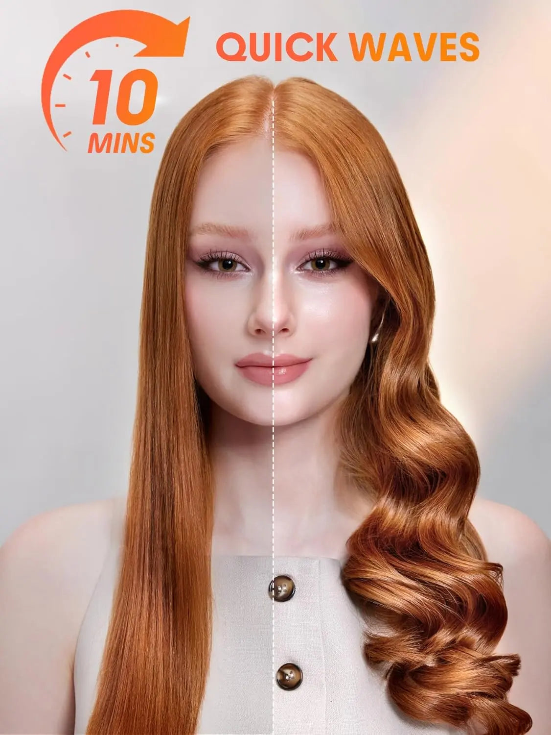 Woman with straight and wavy red hair, showing a transformation effect in 10 minutes.