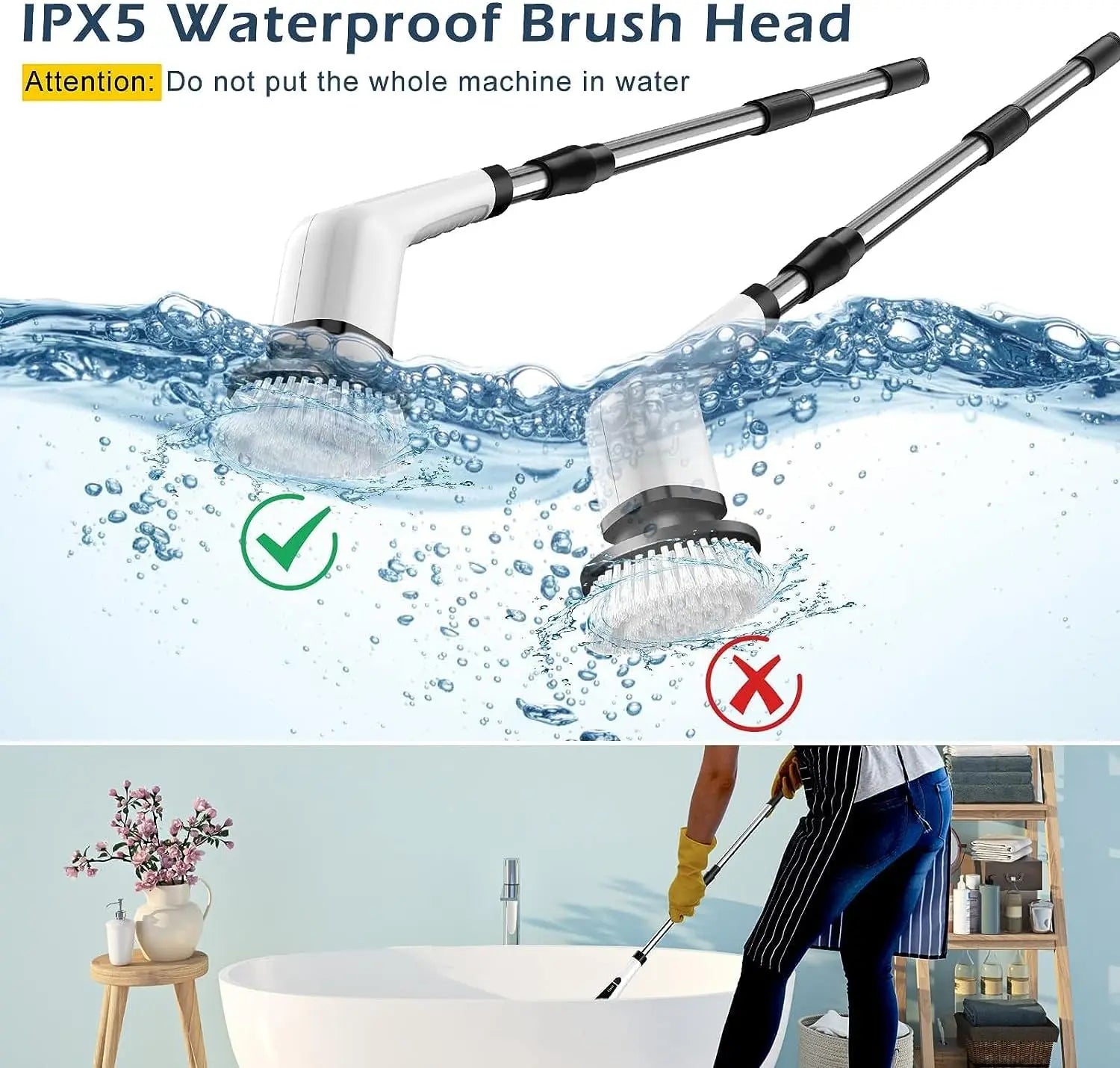 IPX5 waterproof brush head with water splashes and usage demonstration.