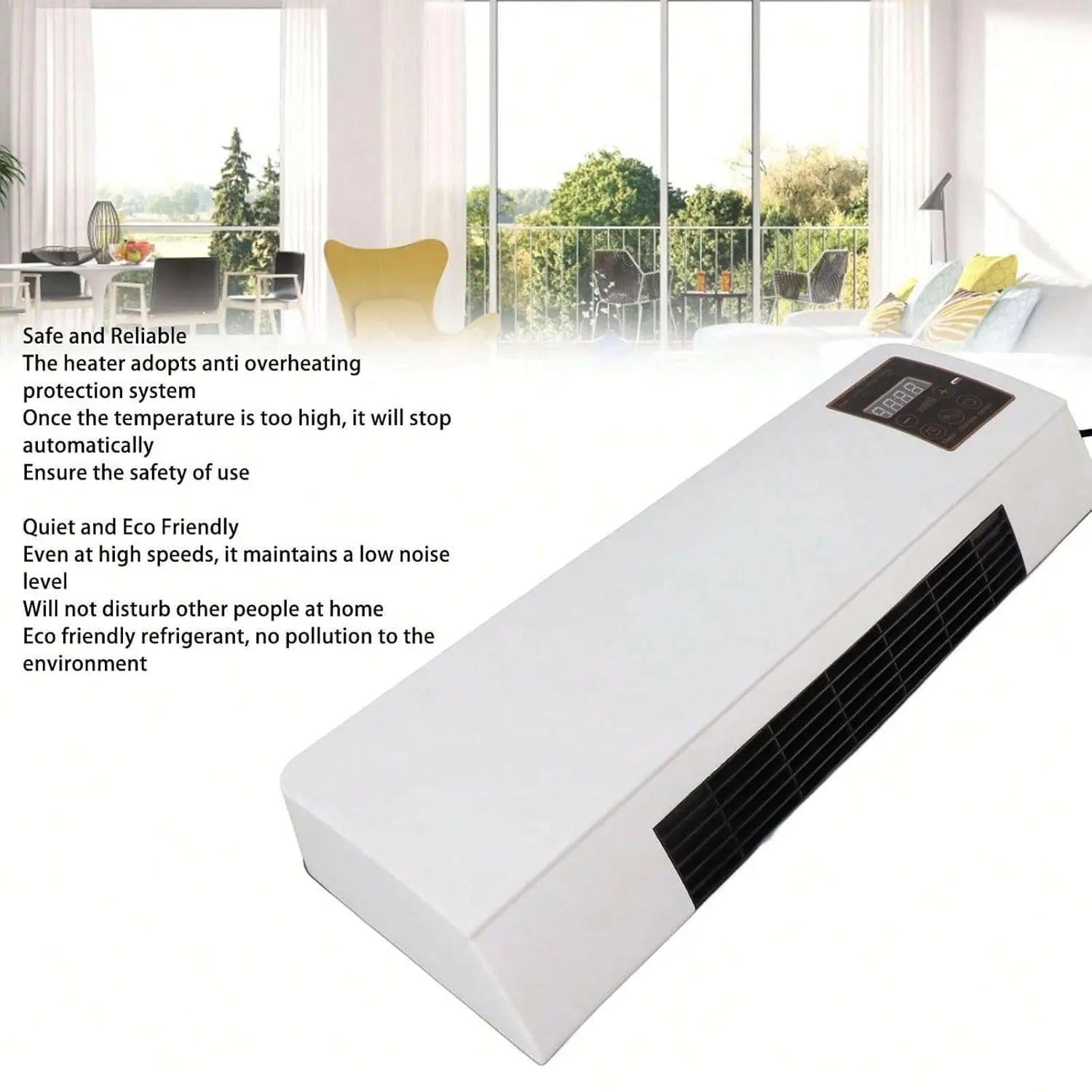 White electric heater with text on a white background