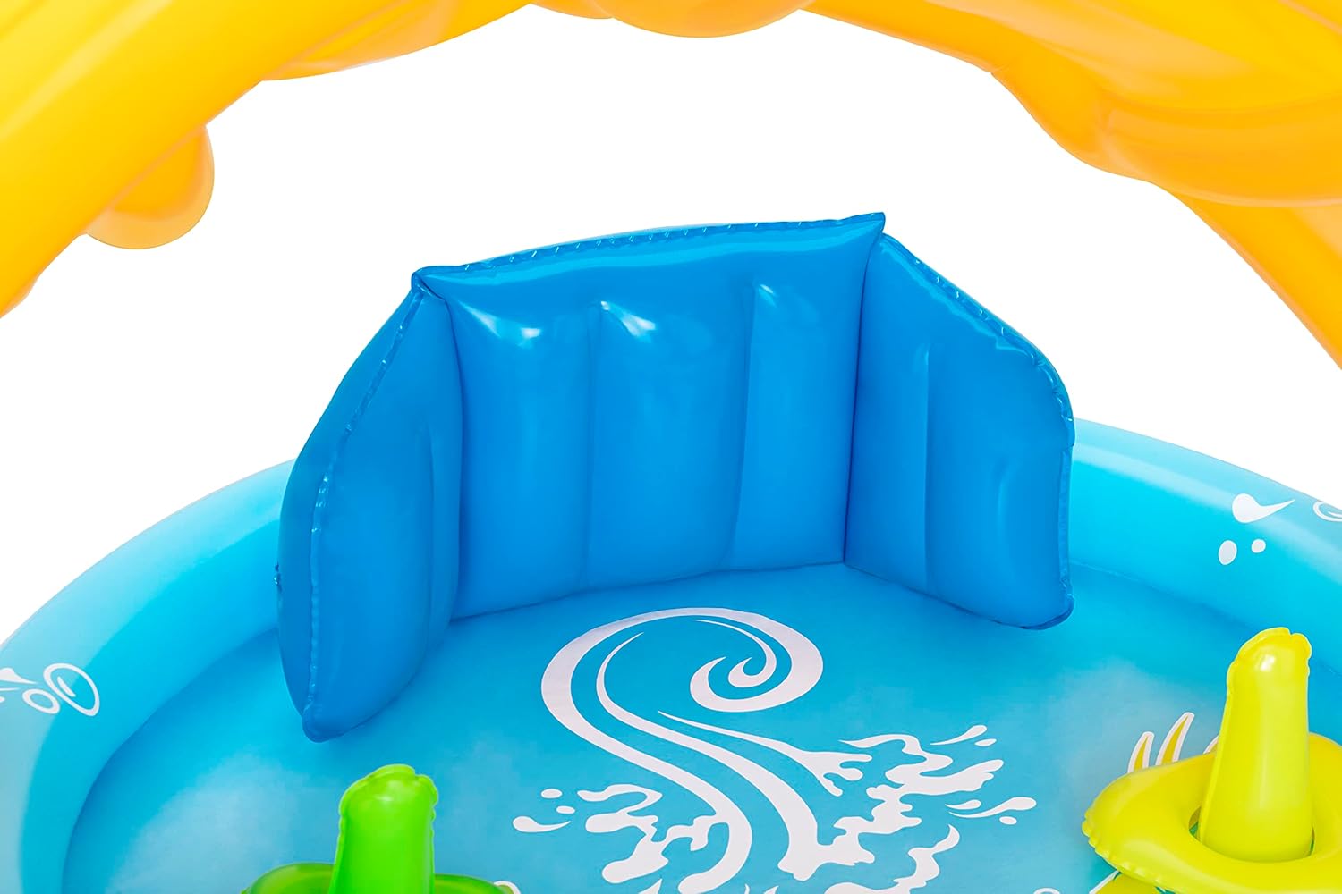 Inflatable pool with blue interior and yellow and green accents