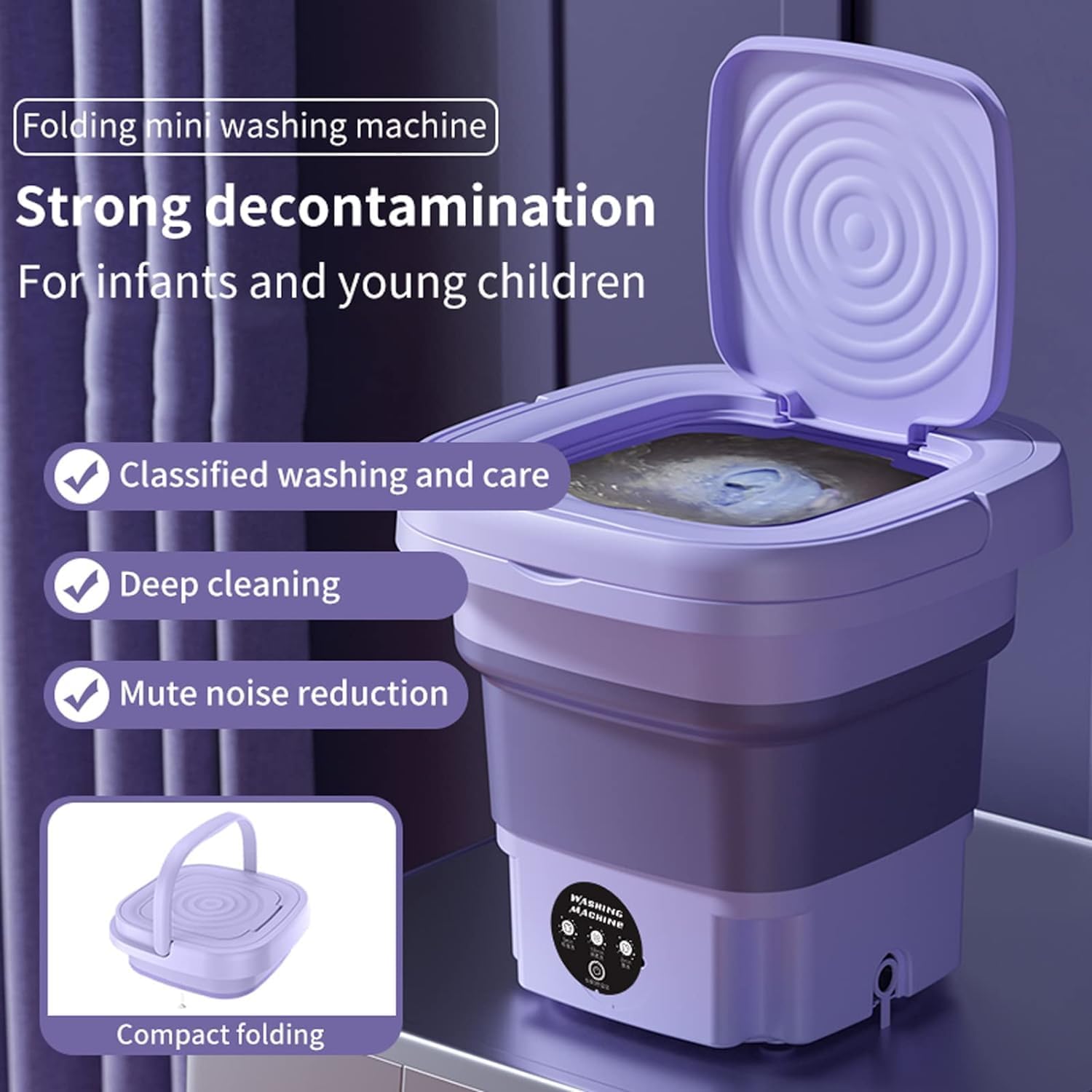 Purple folding mini washing machine with text highlighting features on a dark background