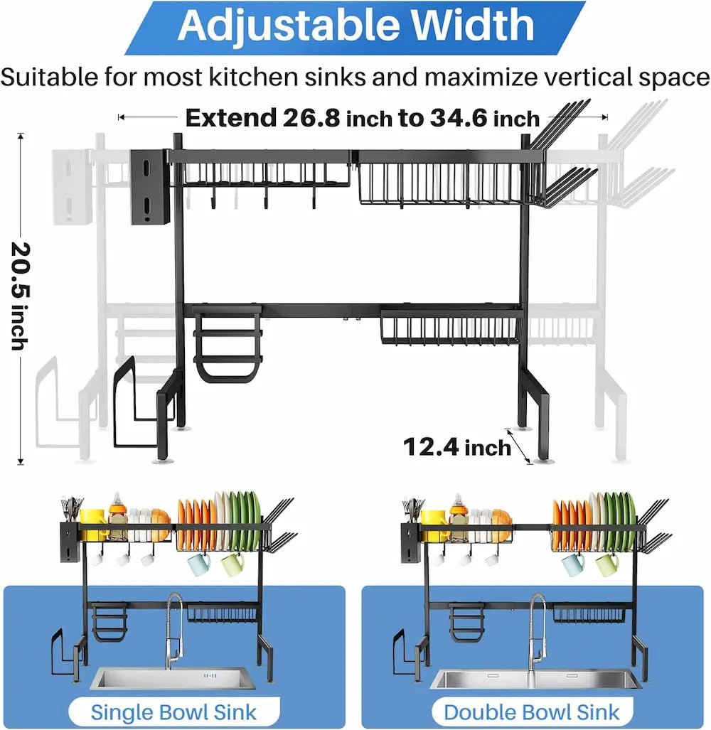 Adjustable kitchen sink rack with dimensions and usage examples on a white background
