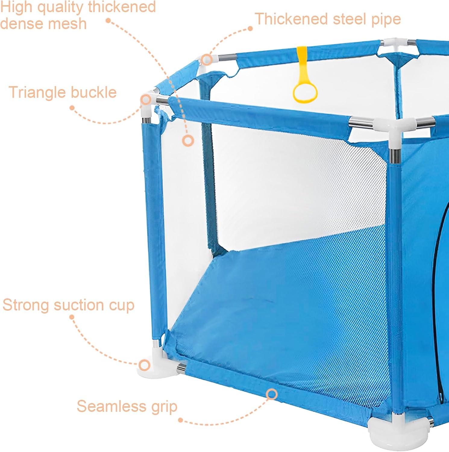 Blue playpen with features highlighted on a white background