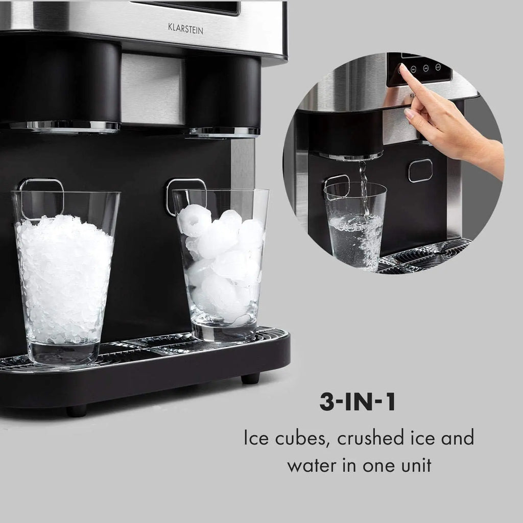 Klarstein ice maker with two glasses of ice cubes on a gray background