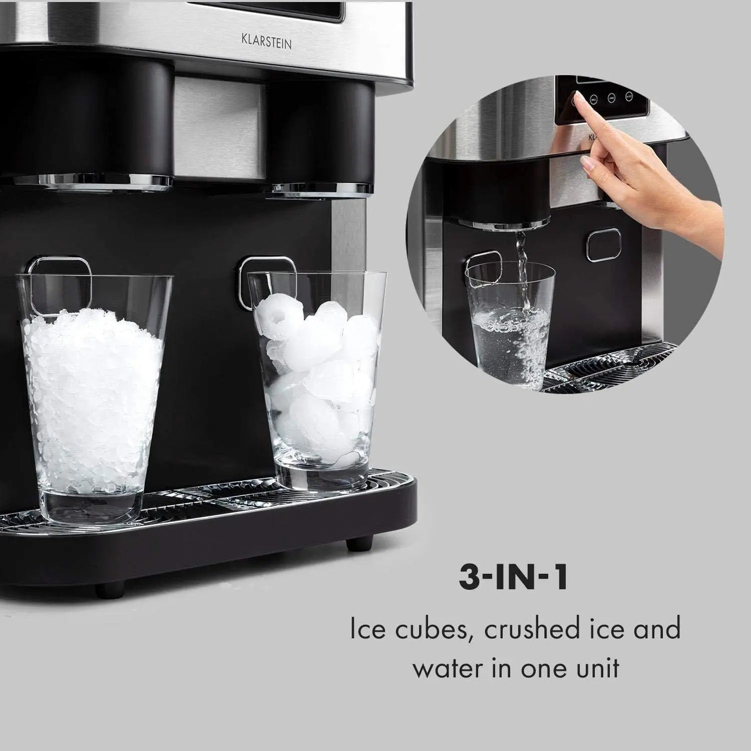 Klarstein ice maker with two glasses of ice cubes on a gray background