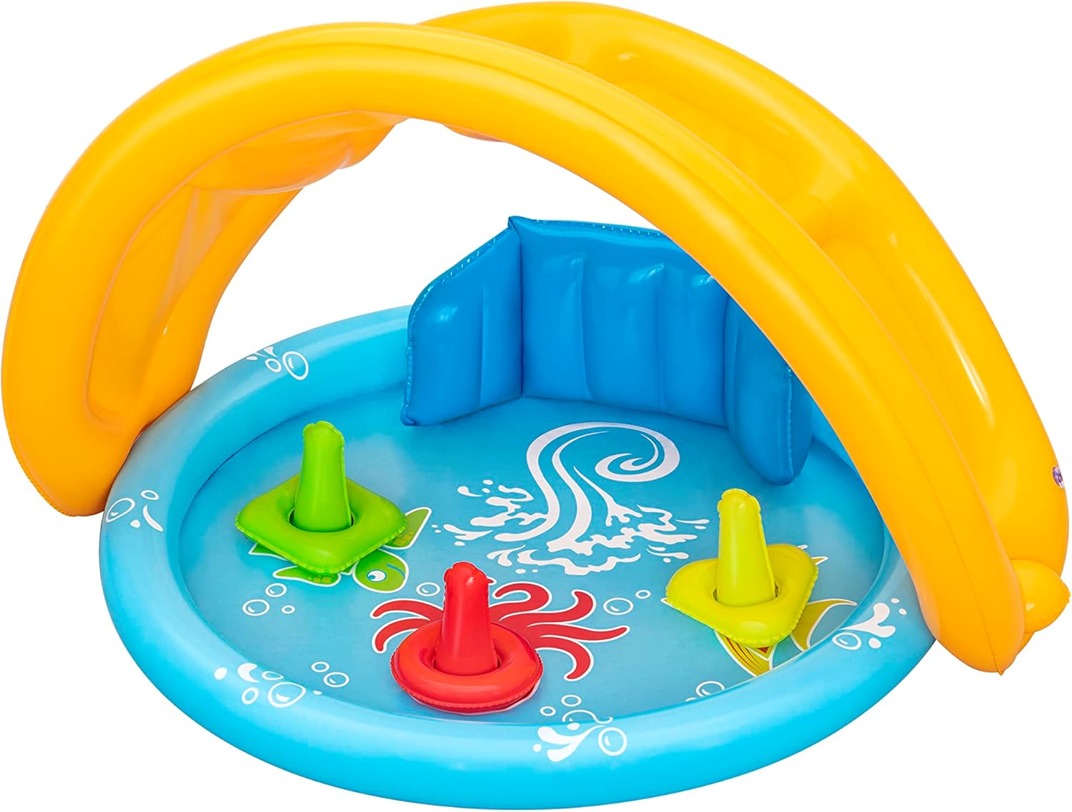 Inflatable pool with colorful toys and a yellow arch on a white background