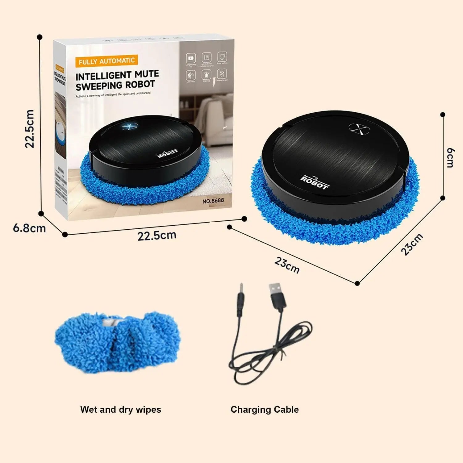 Intelligent mute sweeping robot with packaging, wet and dry wipes, and charging cable on a beige background
