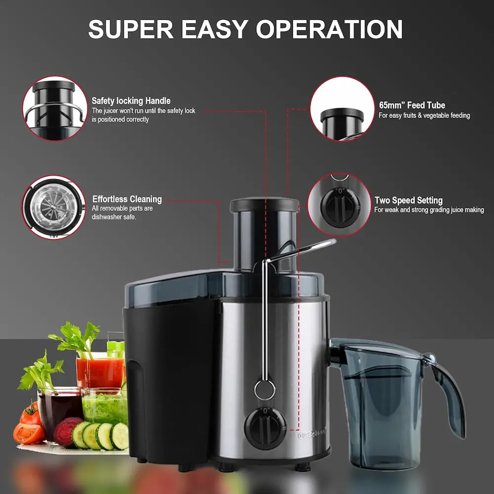 Juicer with features highlighted on a dark background