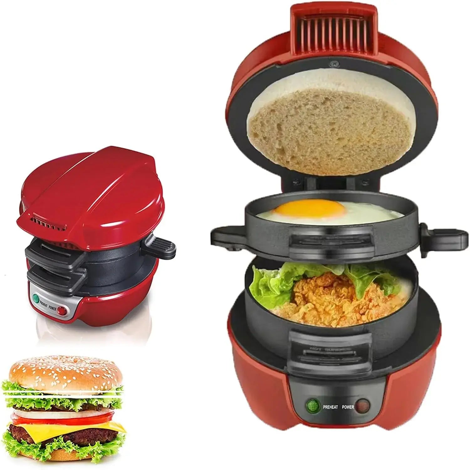 Multifunctional breakfast sandwich maker with ingredients inside, showing a burger and egg sandwich.