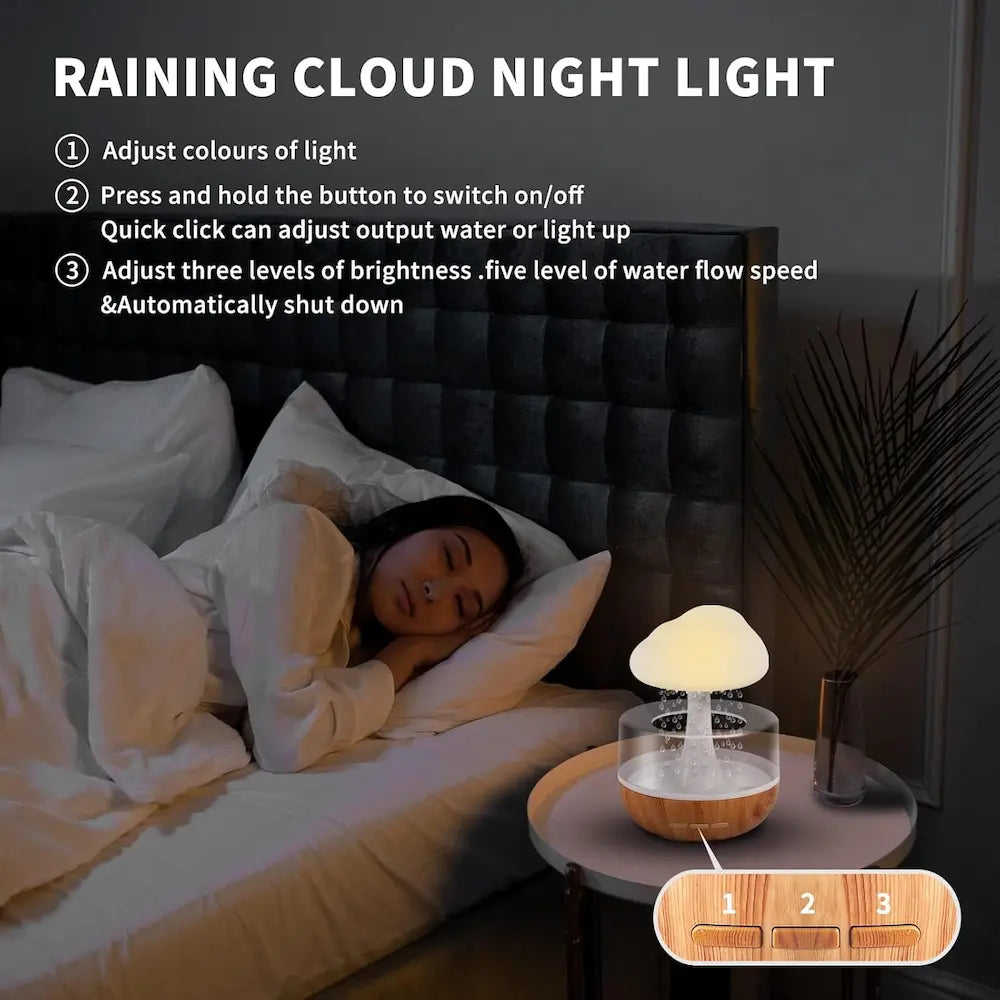Person lying in bed with a night light labeled 'Raining Cloud Night Light' on a bedside table.