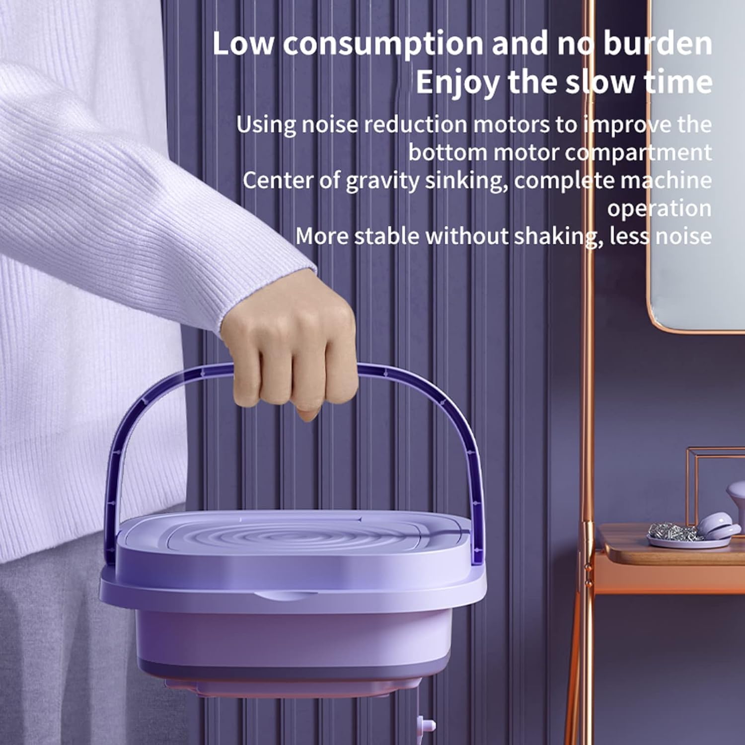 Person holding a purple collapsible bucket with text about noise reduction motors and machine stability.
