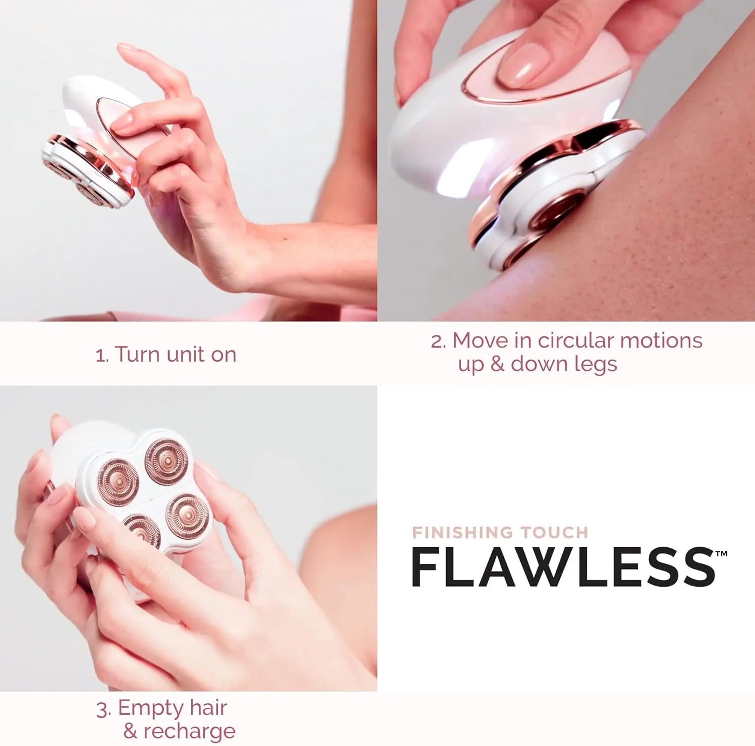 Instructions for using a hair removal device with close-up shots and text on a gray background.