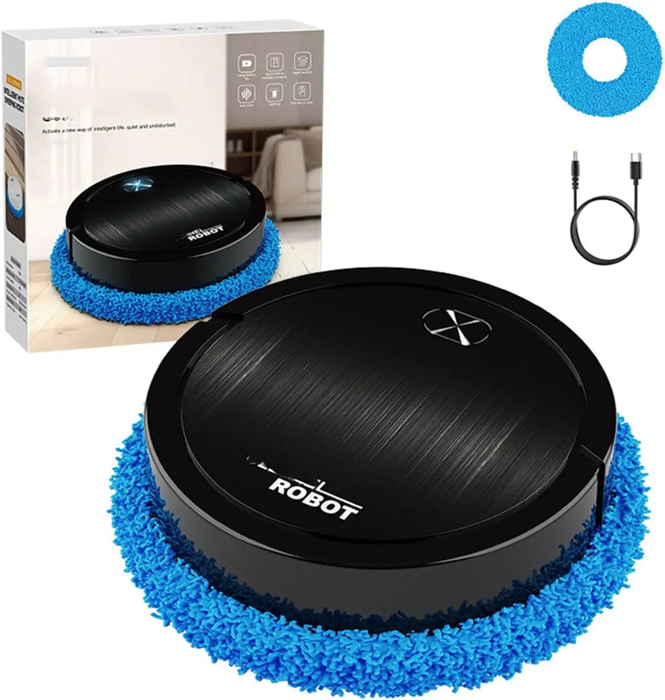 Robotic cleaning device with blue cleaning pad, packaging, and cable on a white background