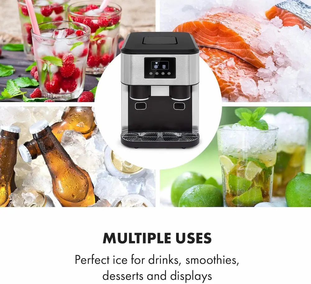 Collage of ice machine with images of drinks, seafood, and beverages.