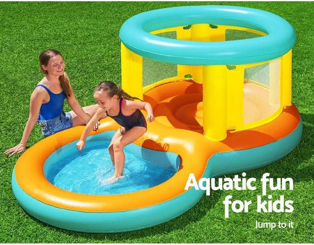 Children playing in an inflatable water park on grass with text 'Aquatic fun for kids'.