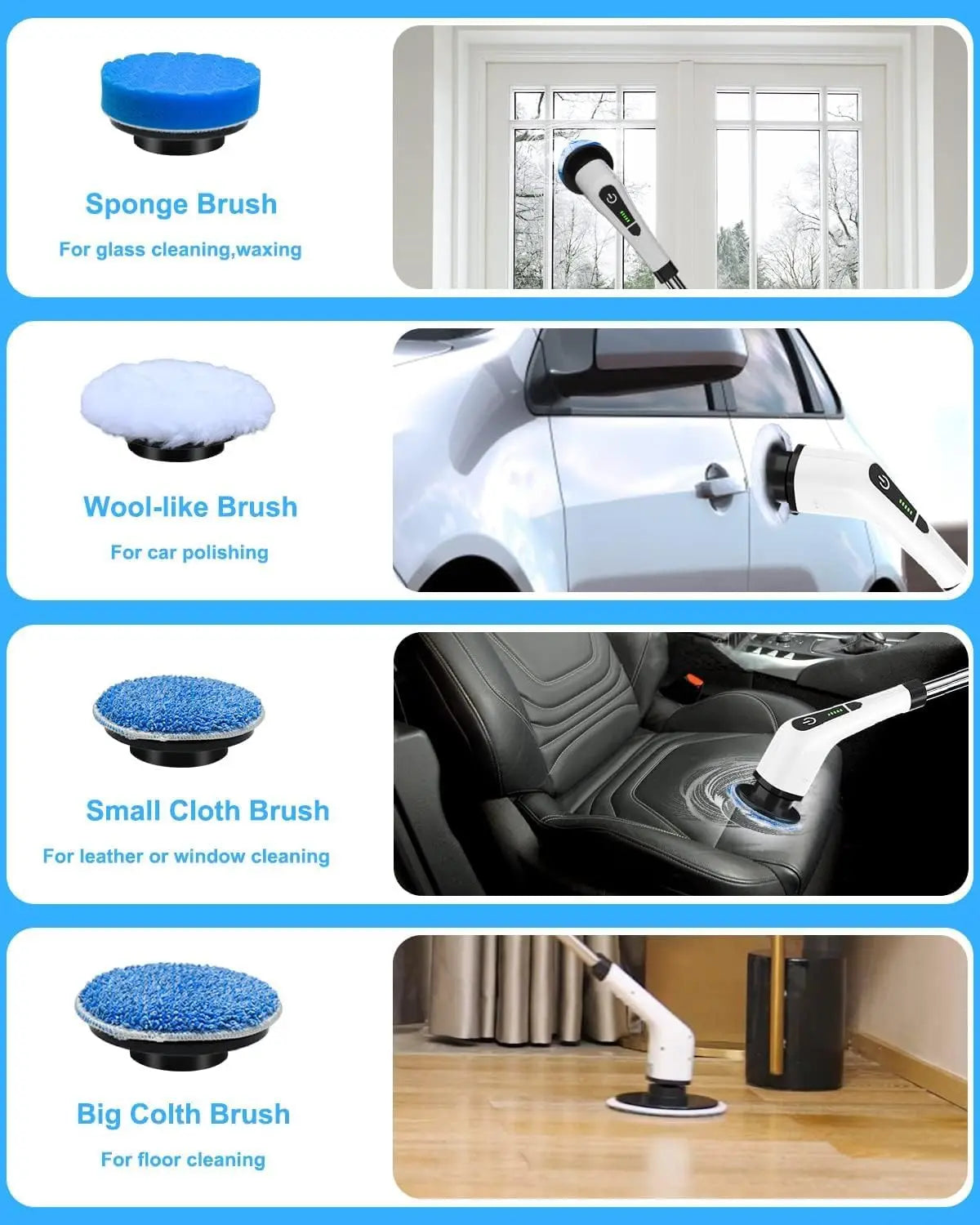 Set of car cleaning brushes with their respective uses on a blue background