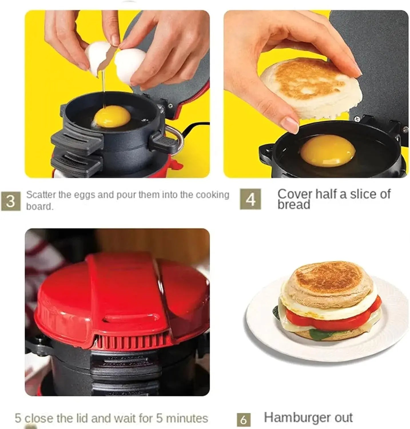Step-by-step process of making a hamburger using a cooking device.