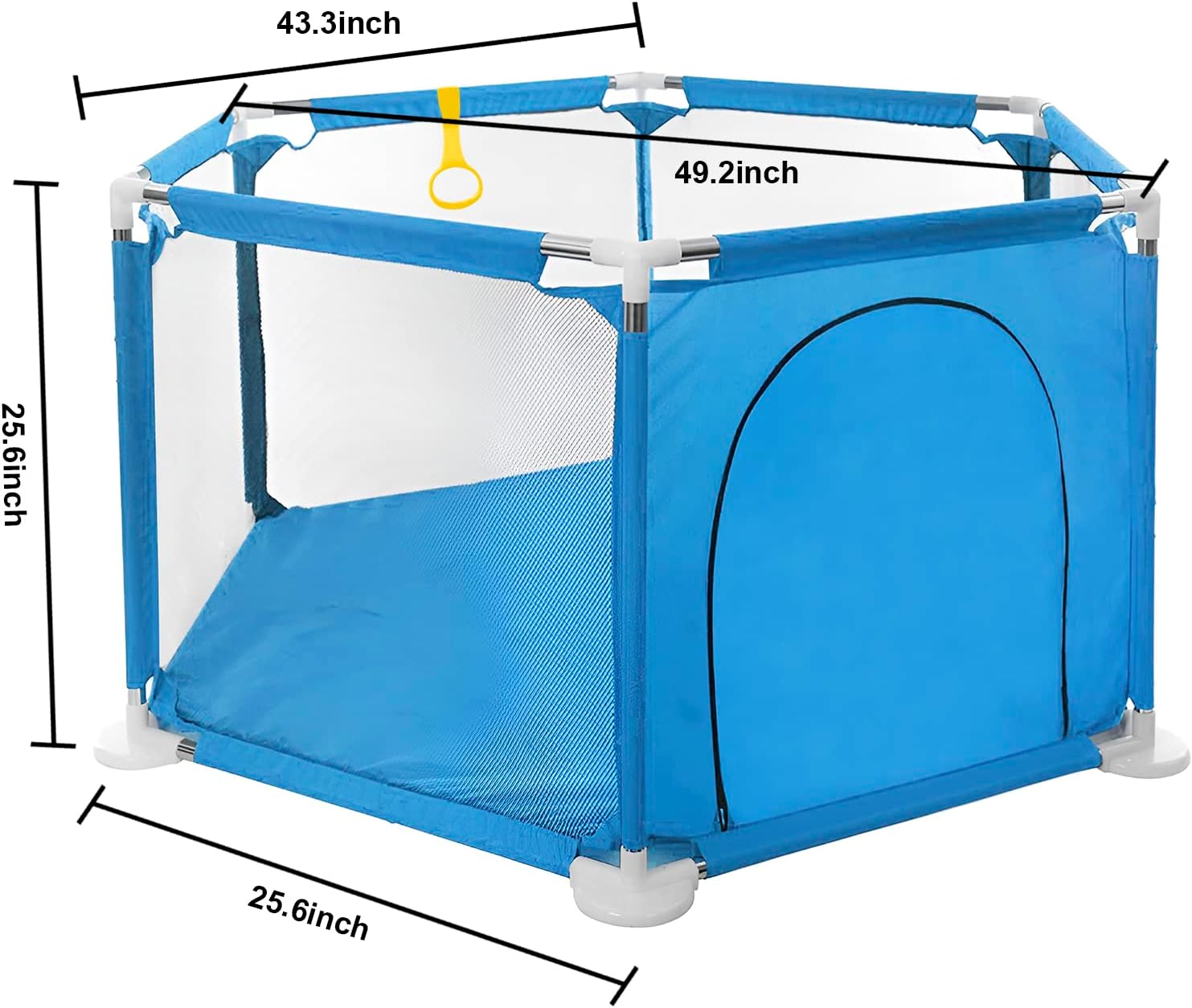 Blue baby playpen with dimensions indicated on a white background