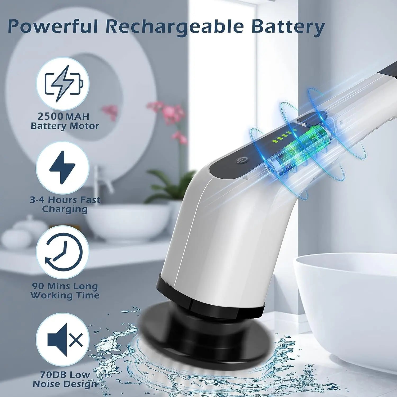 Rechargeable water faucet with features highlighted on a bathroom background