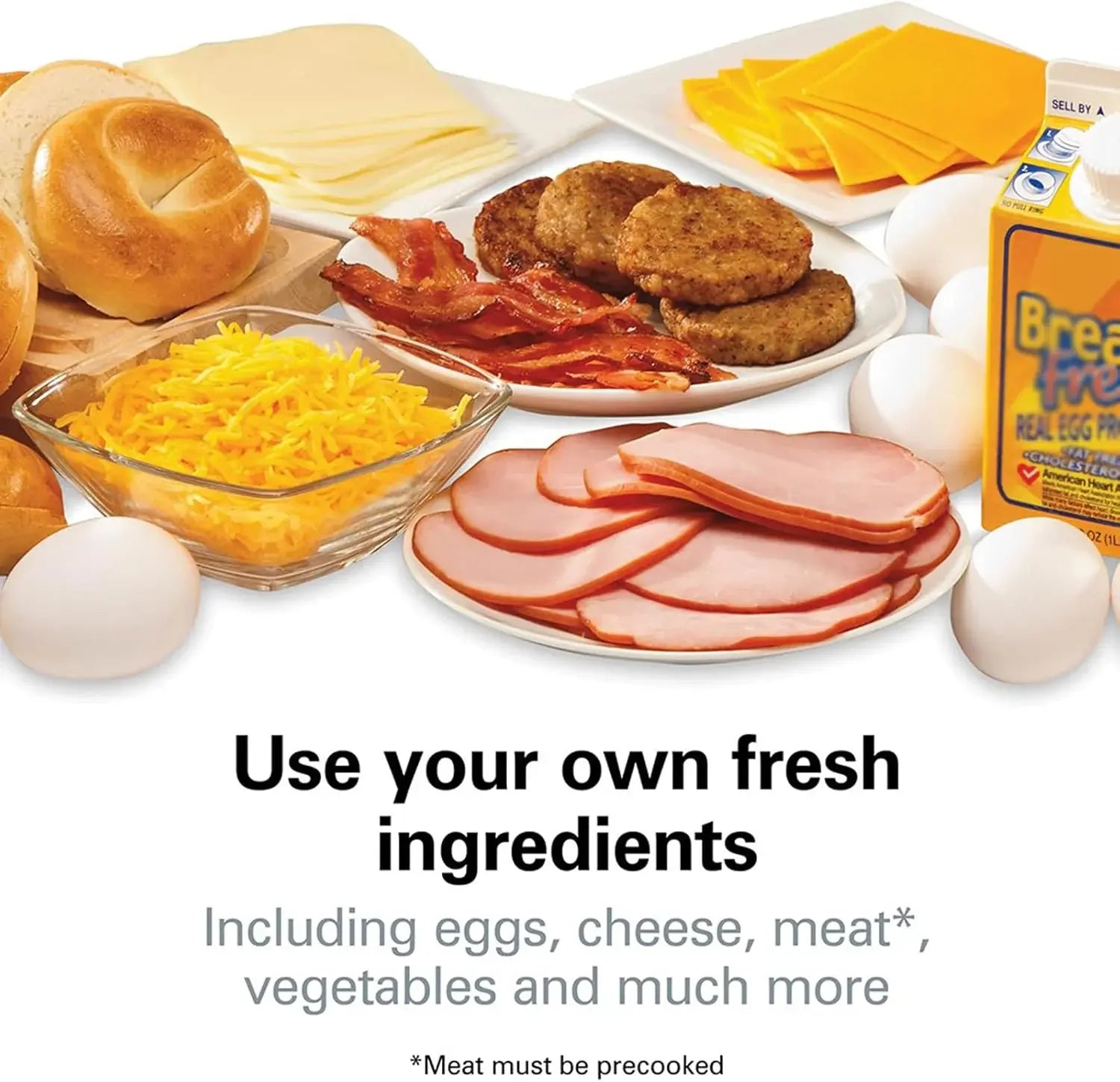 Assorted breakfast ingredients including eggs, cheese, ham, and bread on a white background.
