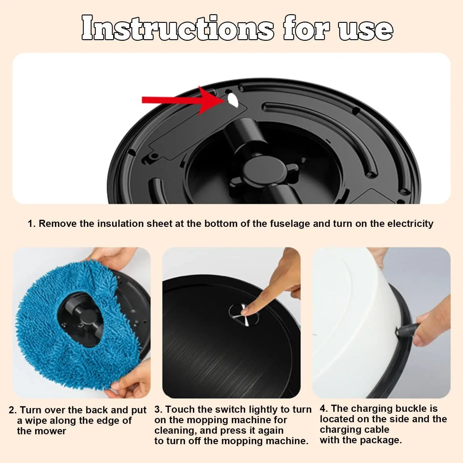 Instructions for using a cleaning device with images and text on a beige background