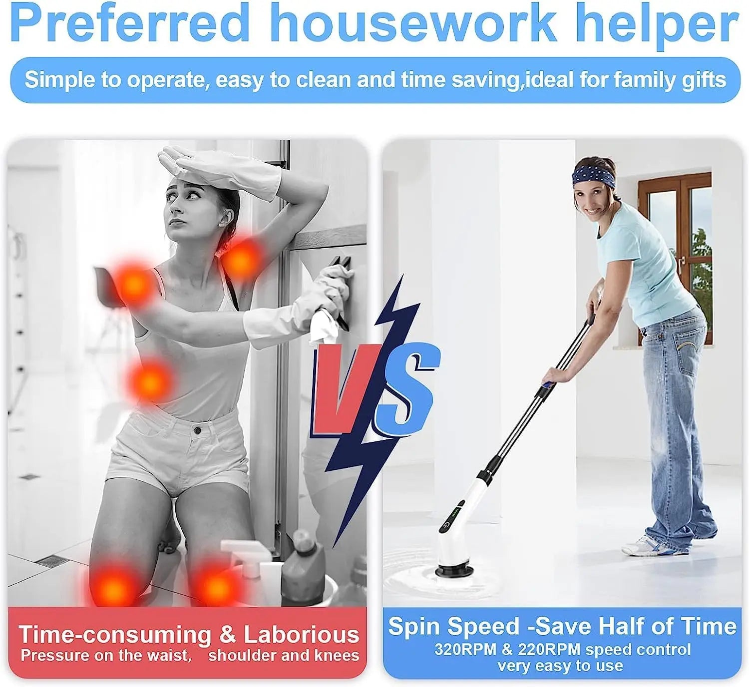 Comparison of a person with discomfort and another using a cleaning tool, with text about time-saving benefits.