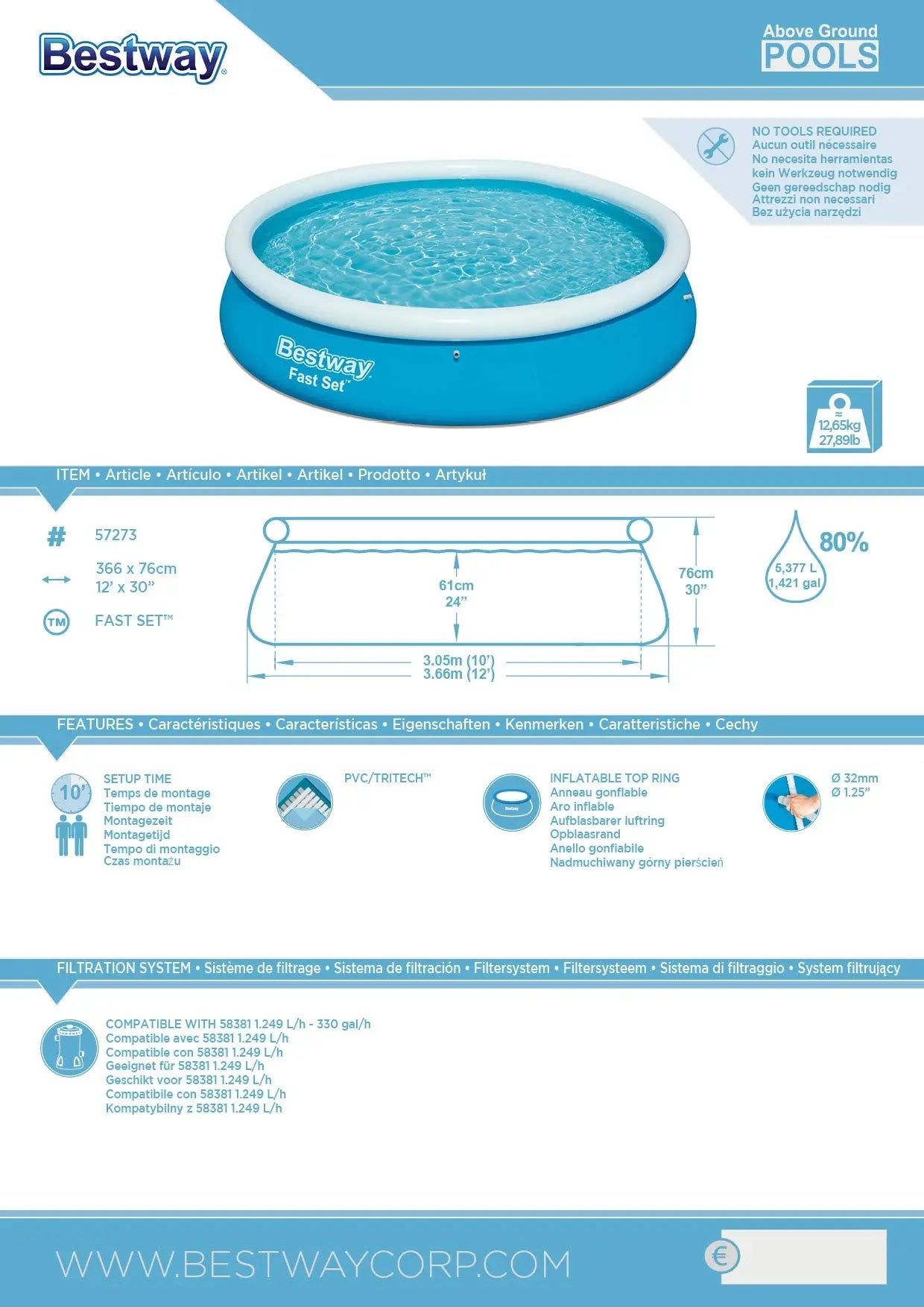 Bestway inflatable pool with specifications and features on a blue background