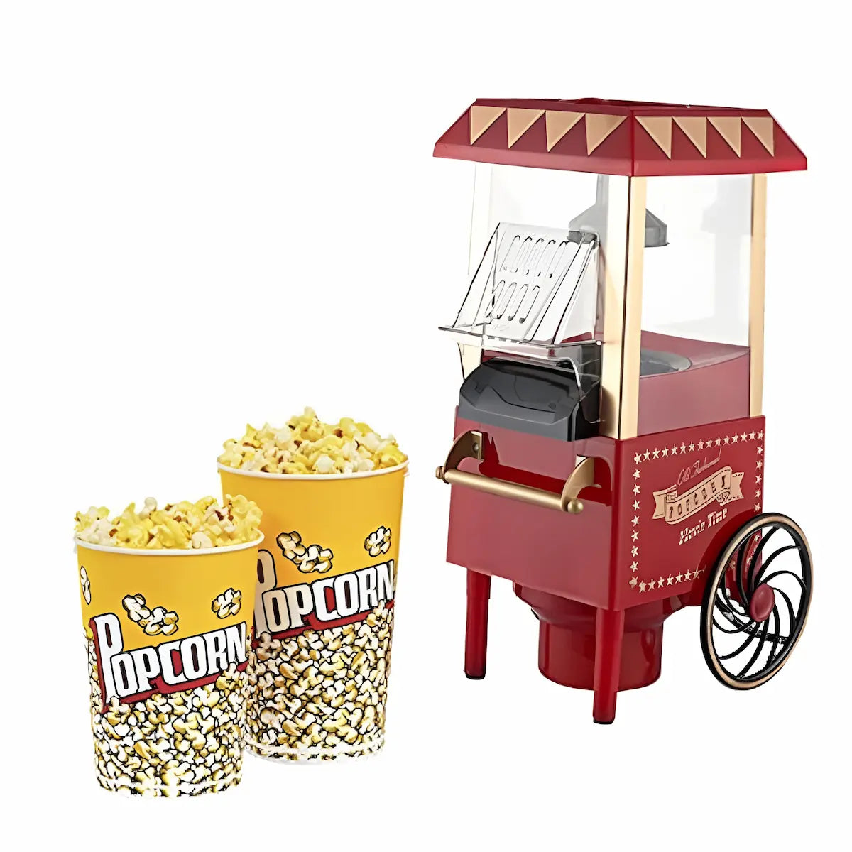 Red popcorn machine with two yellow popcorn buckets filled with popcorn on a white background