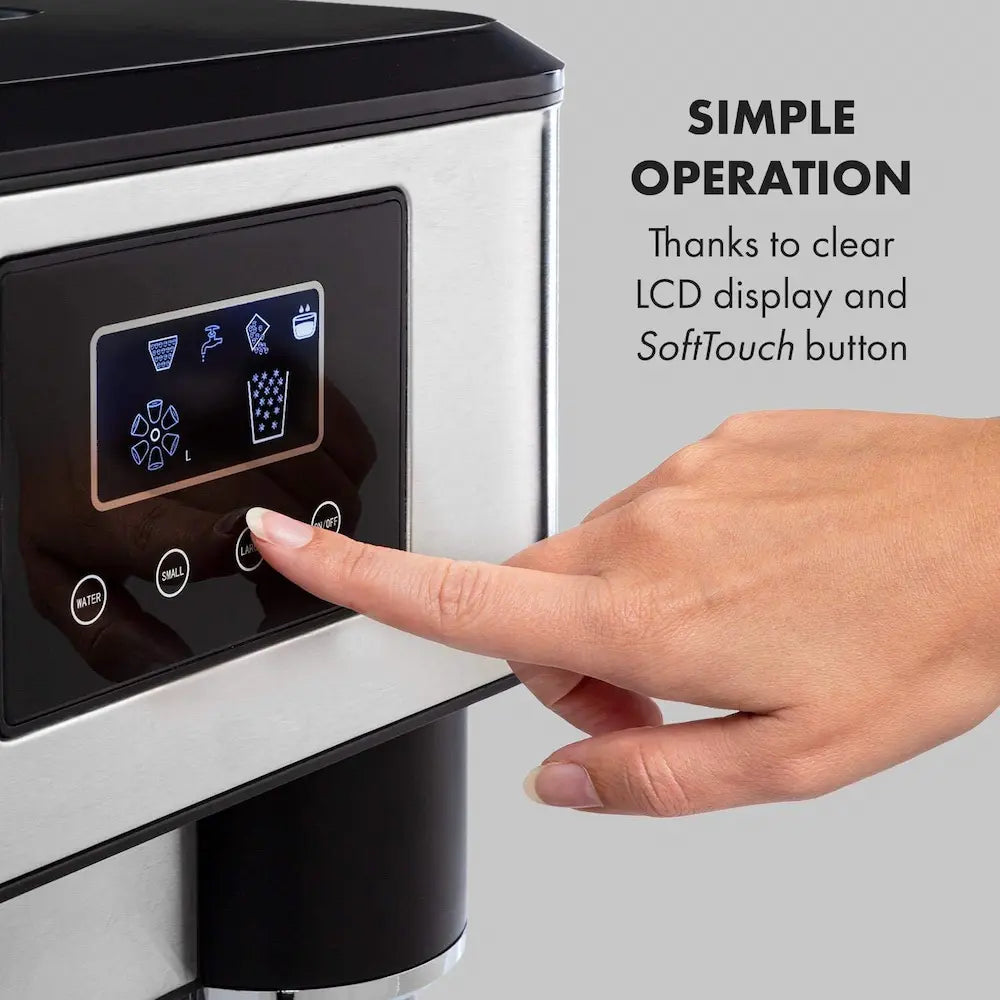 Hand pressing a button on a coffee machine with text about simple operation.