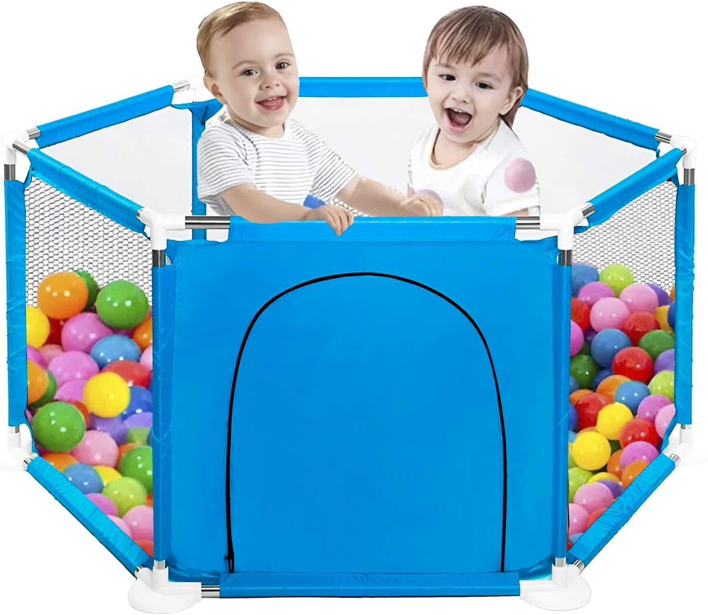 Children playing inside a blue playpen with colorful balls on a white background