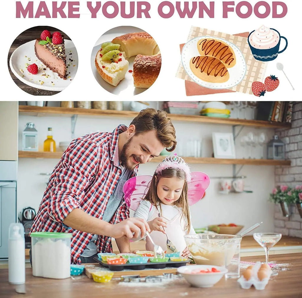 Father and daughter cooking together in a kitchen with text 'Make Your Own Food'.