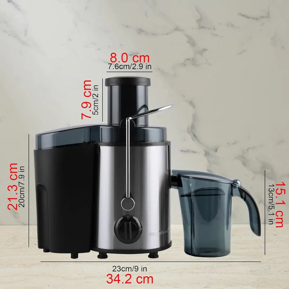 Juicer with dimensions labeled on a marble background