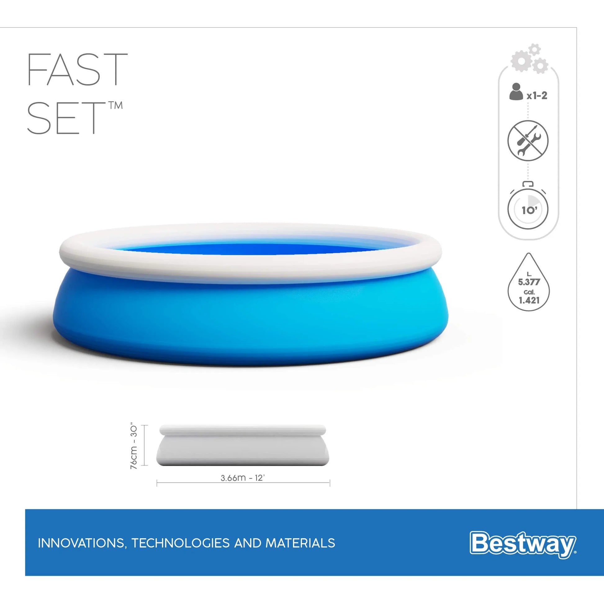Blue inflatable pool with white lid on a white background, featuring Bestway branding.