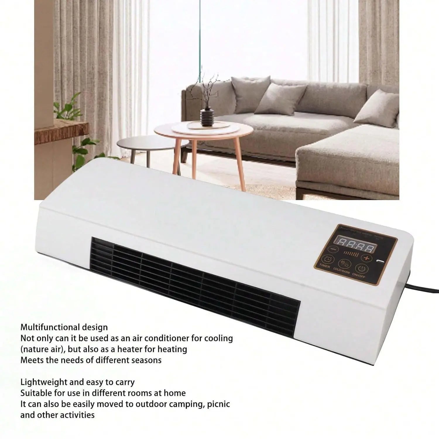 Multifunctional air conditioner/heater in a living room setting